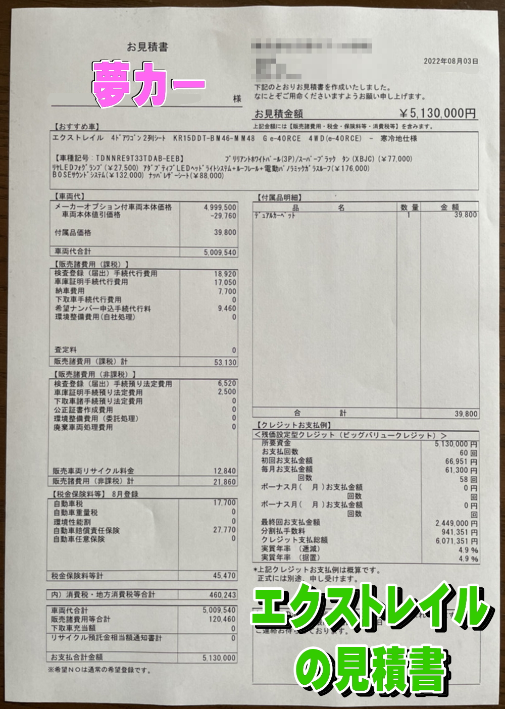 エクストレイルの新車見積もり書