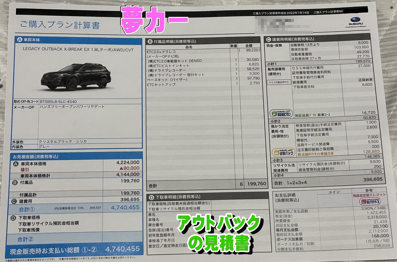 アウトバックの新車見積書