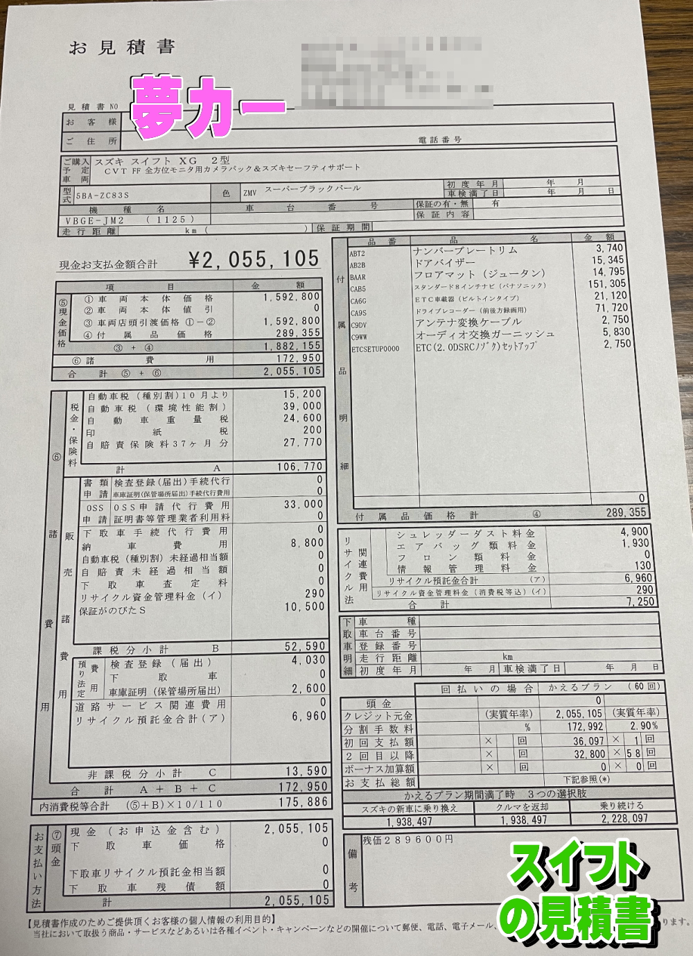 スイフトの新車見積書