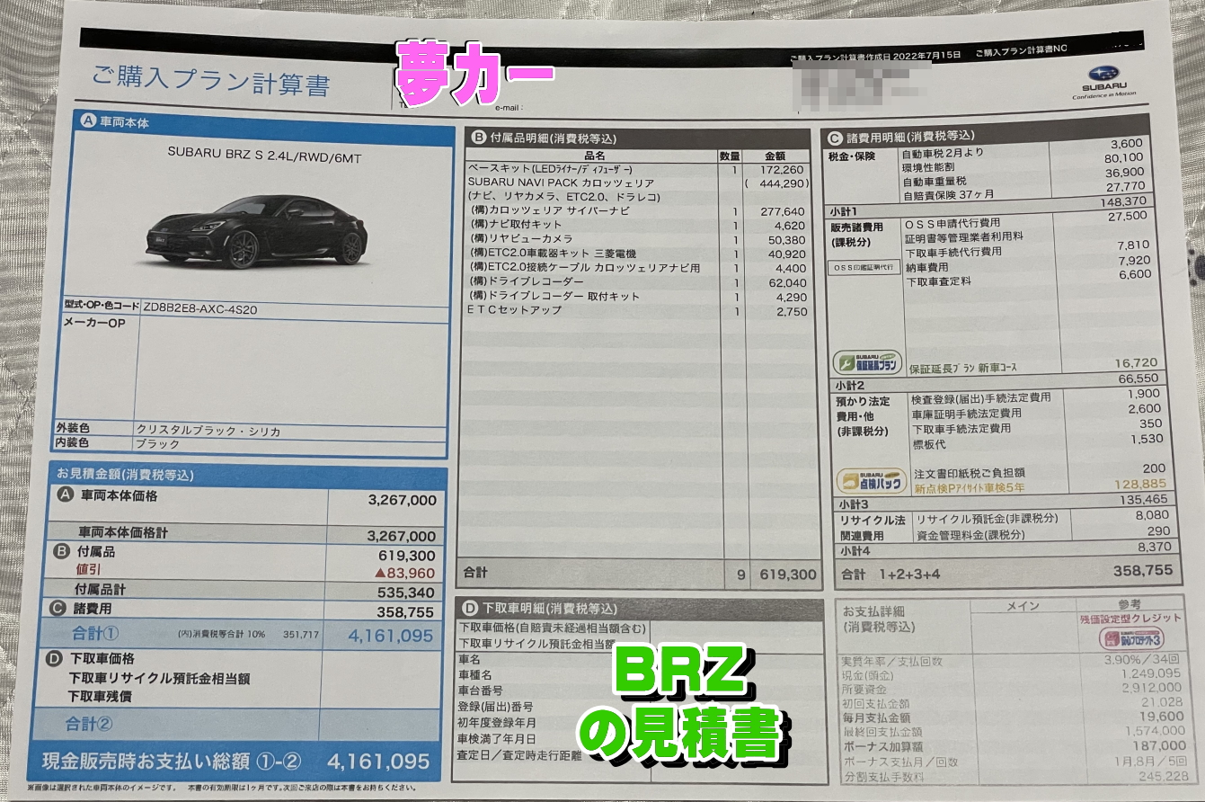 BRZの新車見積書