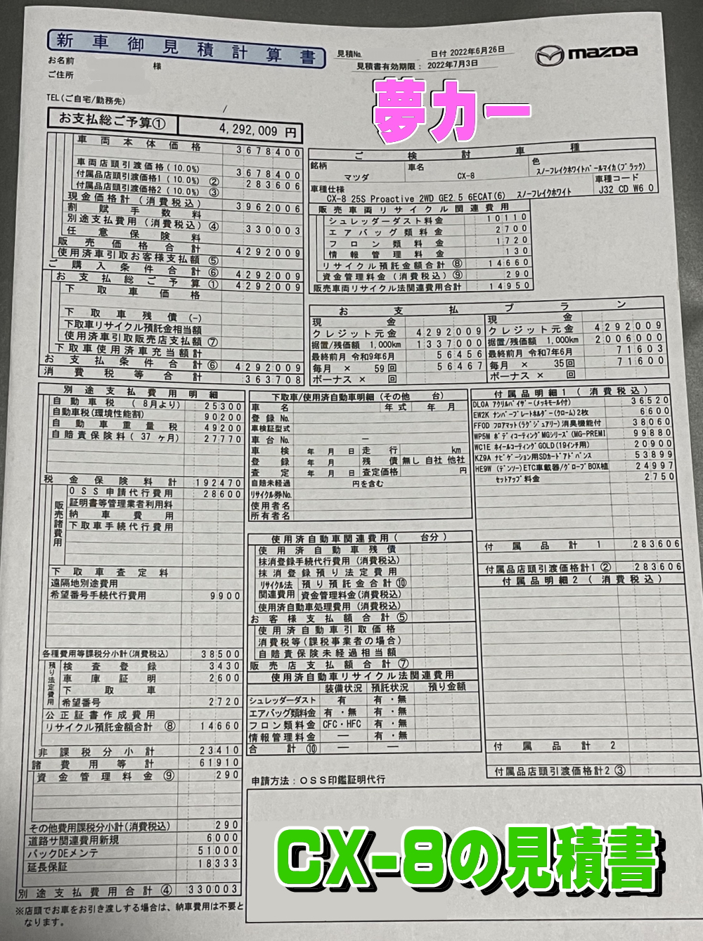 CX-8 25S プロアクティブの新車見積もり書