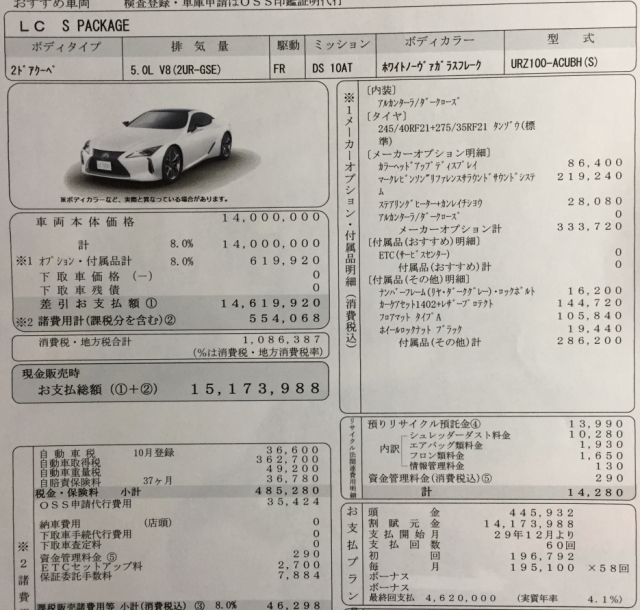 レクサス Lc 500 Sパッケージを契約 値引きはある 総支払額は 見積書も公開 夢あるカーライフ 夢カー