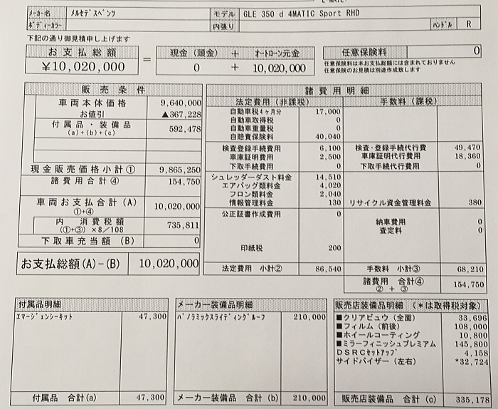 ベンツGLE350ｄスポーツ　見積書