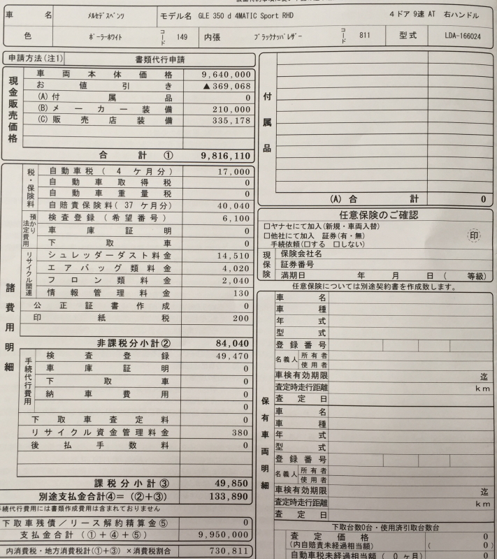 メルセデスベンツ GLE 350ｄ 値引き込みの契約書