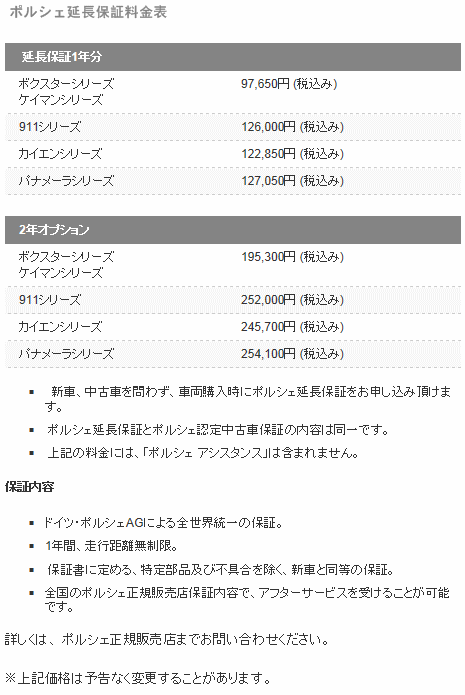 ポルシェカイエンの延長保証の金額