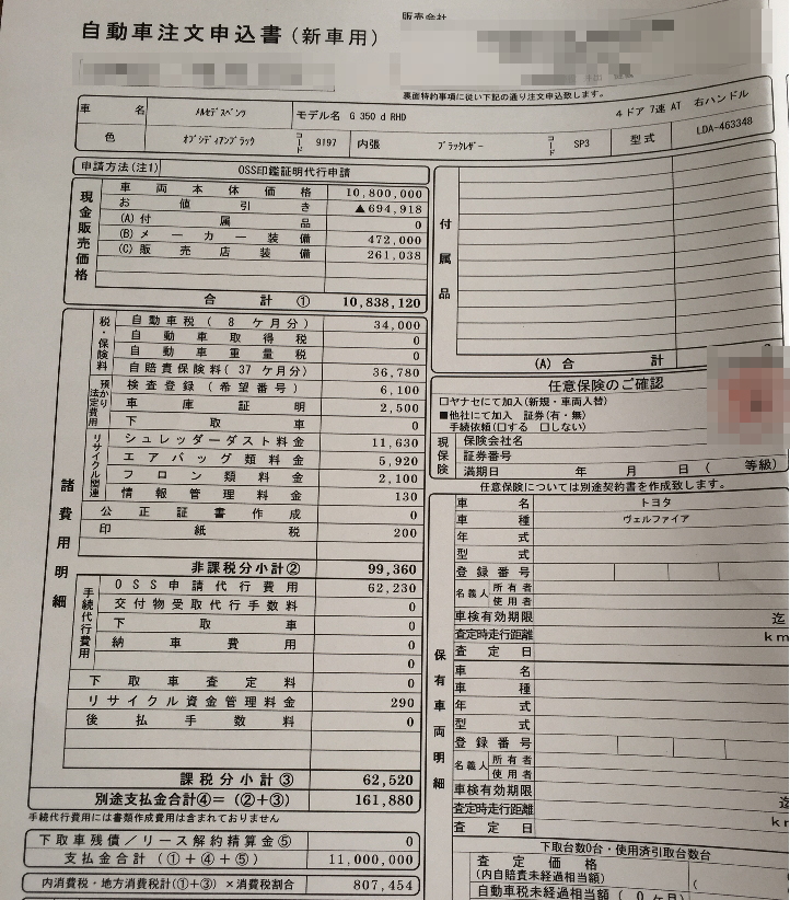 Ｇクラス（ゲレンデ）の値引き見積もり書