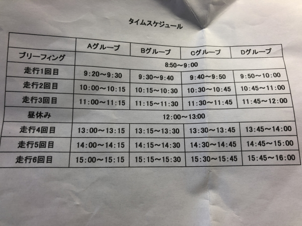 日光サーキット走行会のタイムスケジュール