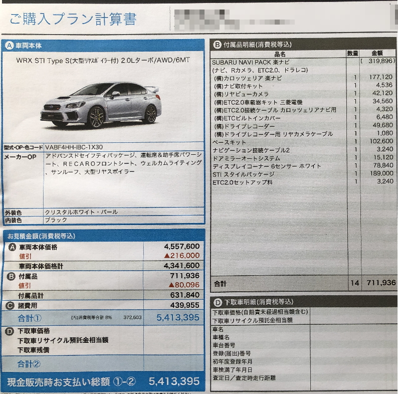 WRX STIタイプSの見積書