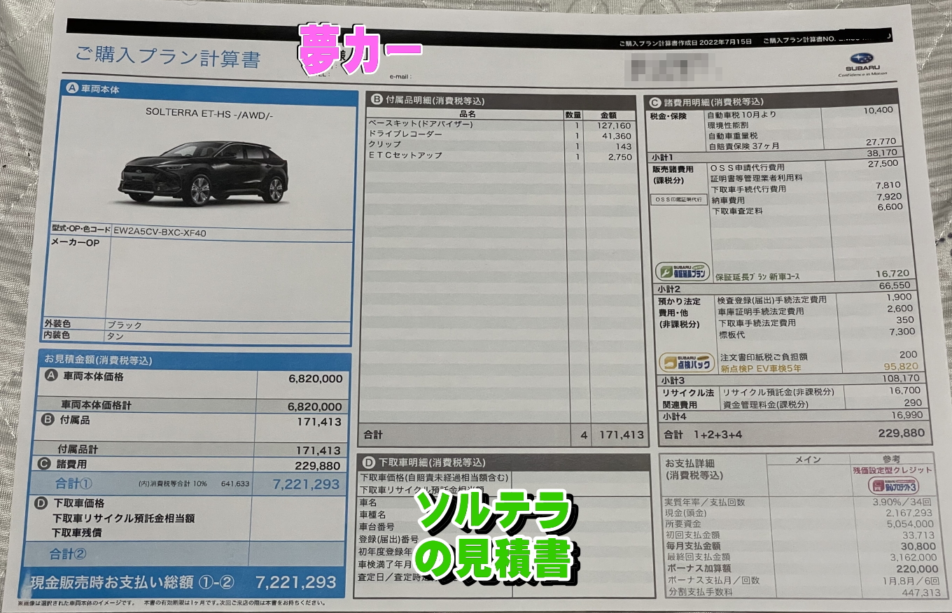 ソルテラの新車見積書