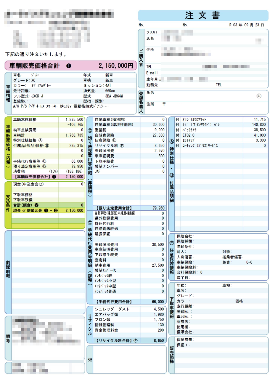 ジムニーの新車契約書