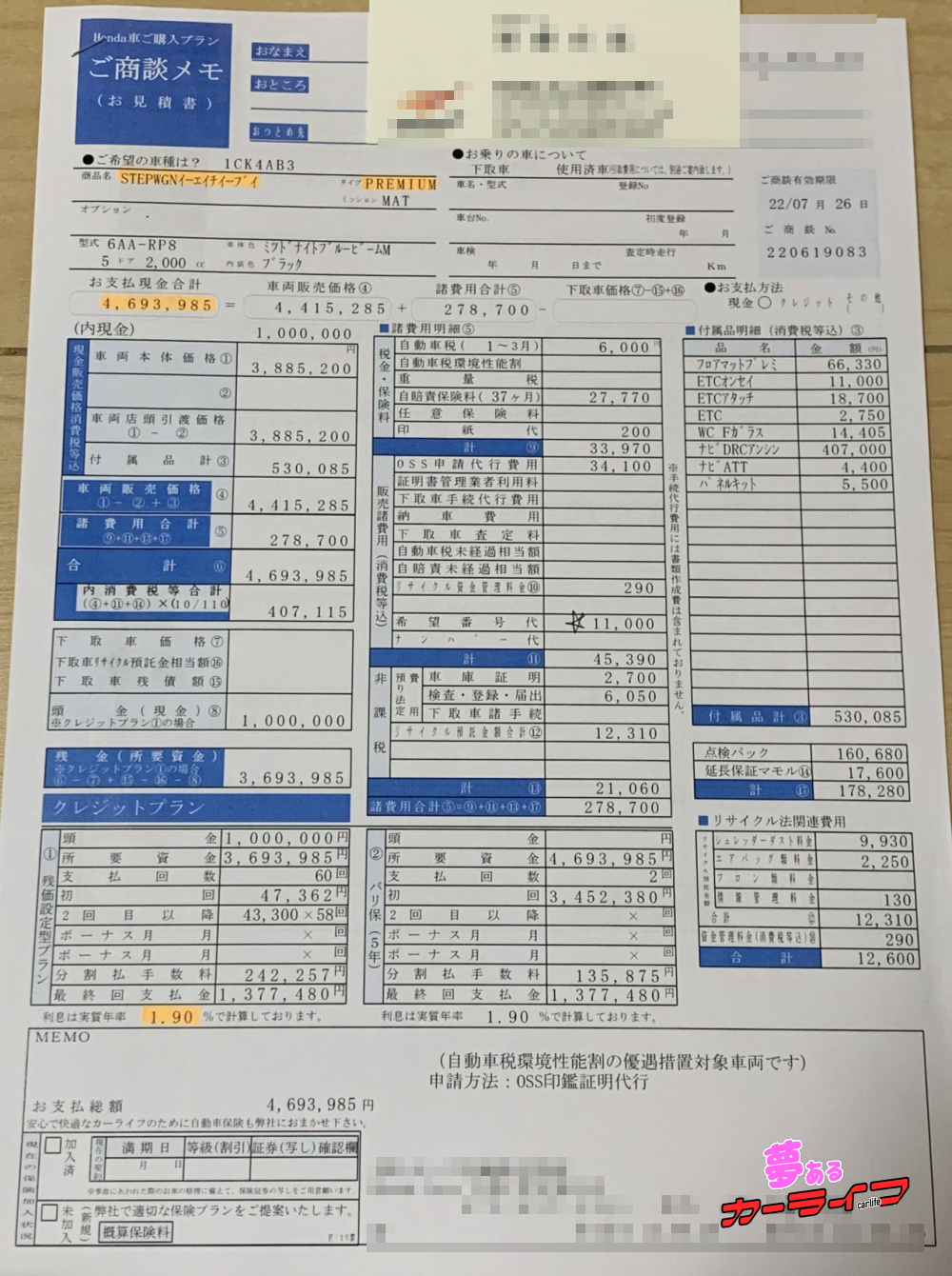 ステップワゴンeHEVスパーダ プレミアムラインの新車見積書