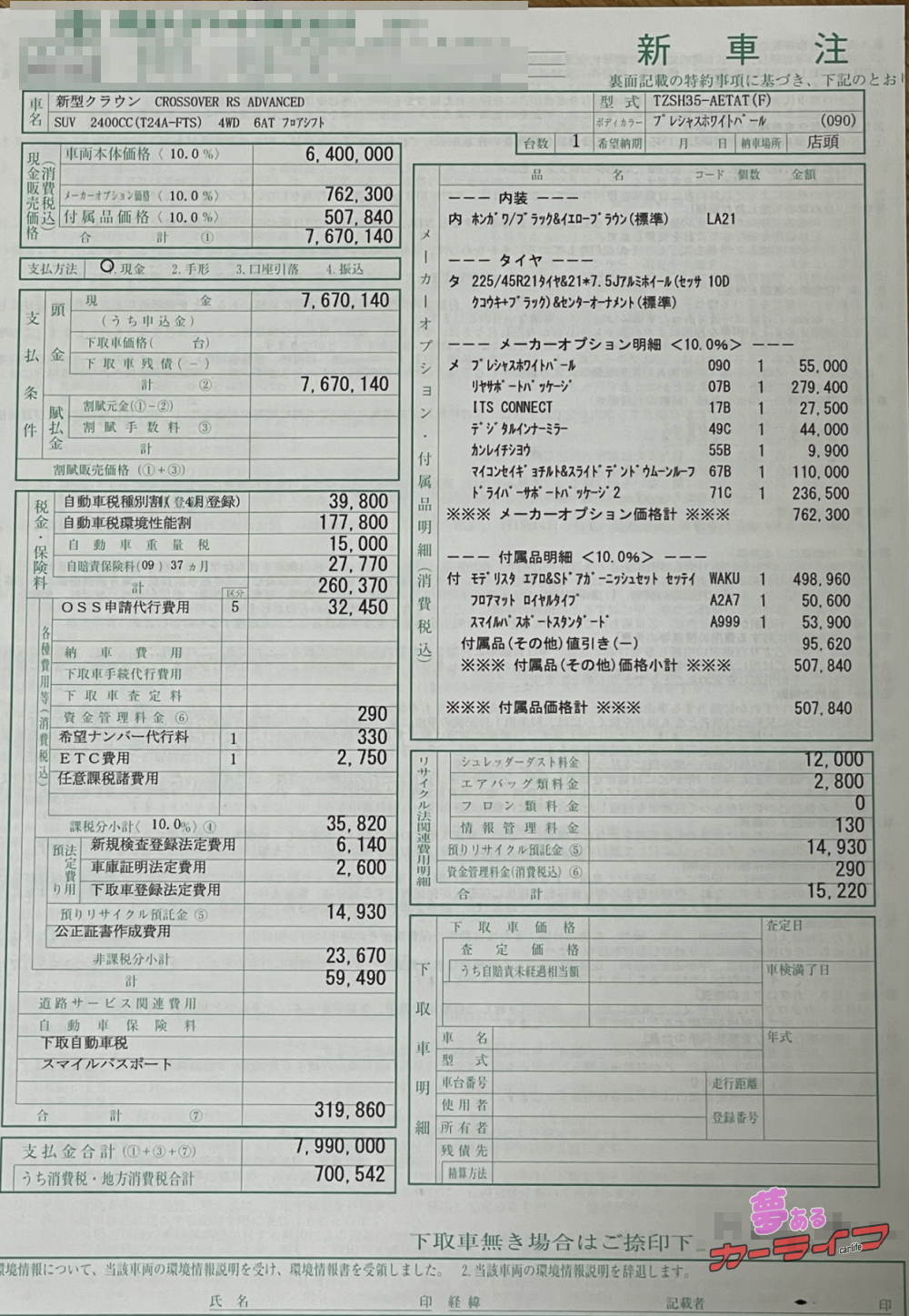 クラウンクロスオーバーの新車契約書