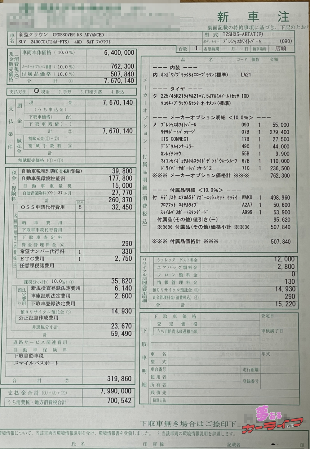 クラウンクロスオーバーの新車契約書