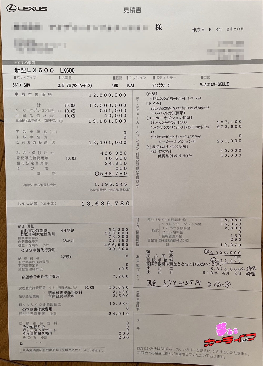 レクサスLXの新車見積書