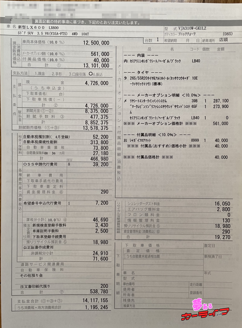 レクサスLX600の新車契約書