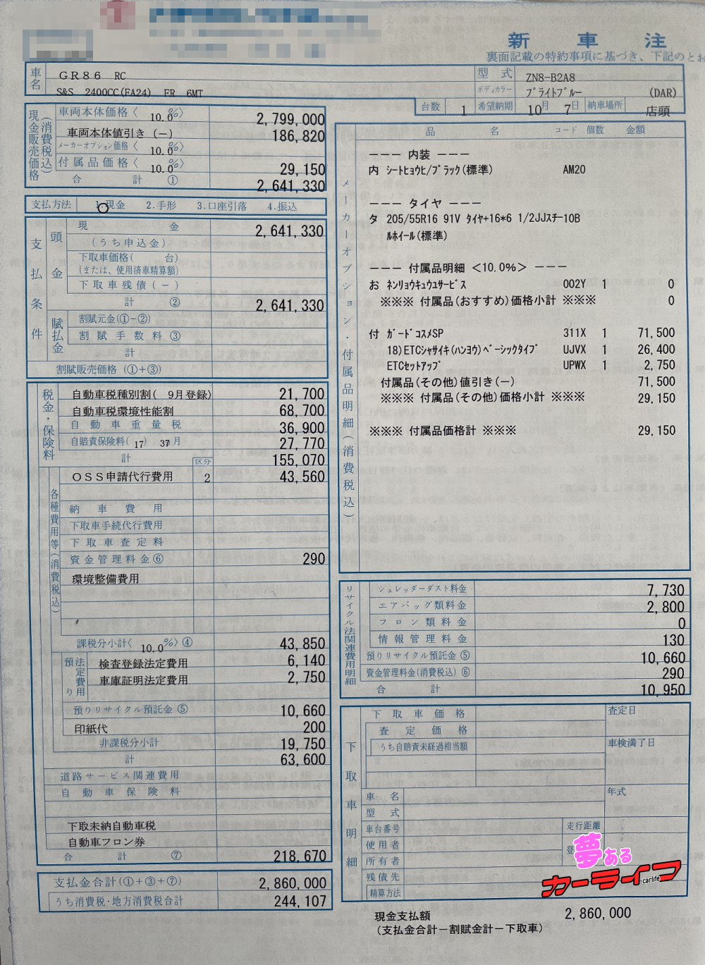 GR86 RCの契約書