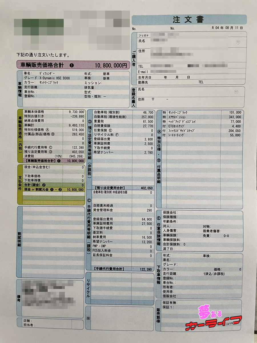 ディフェンダー110XダイナミックHSEの新車契約書