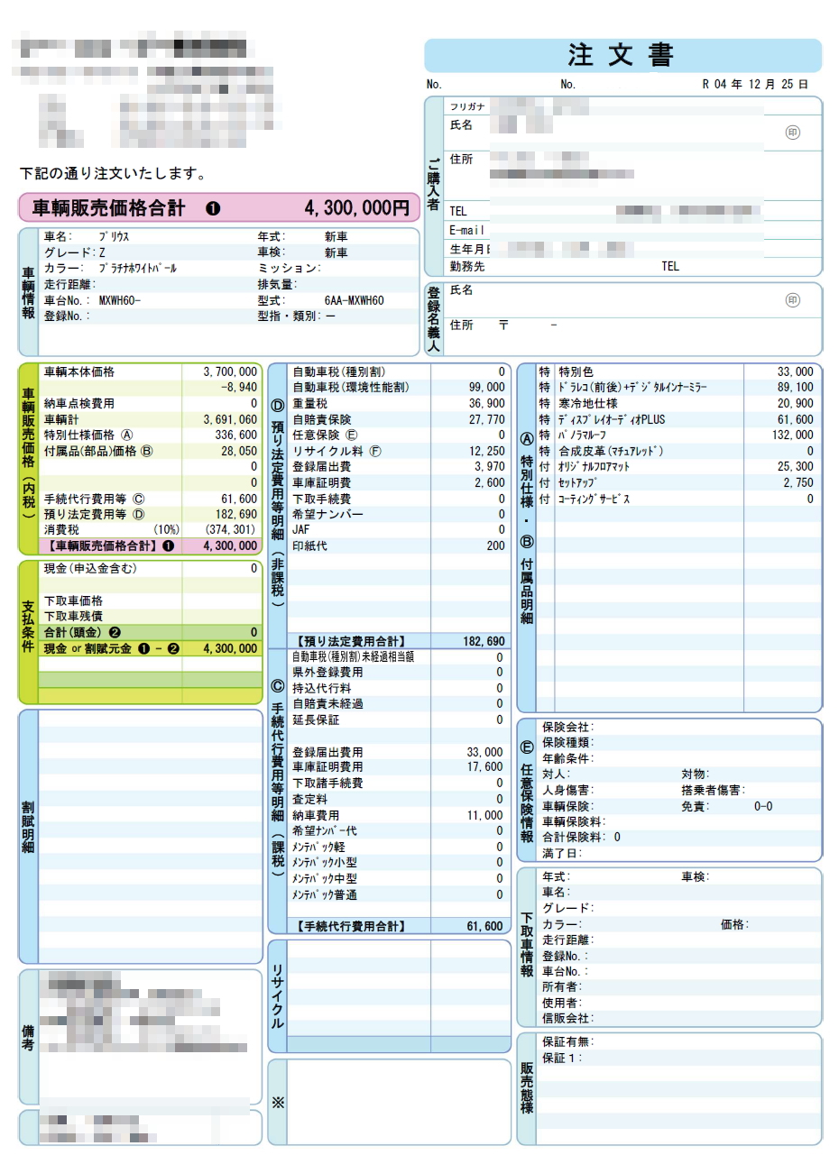 新型プリウスの新車契約書